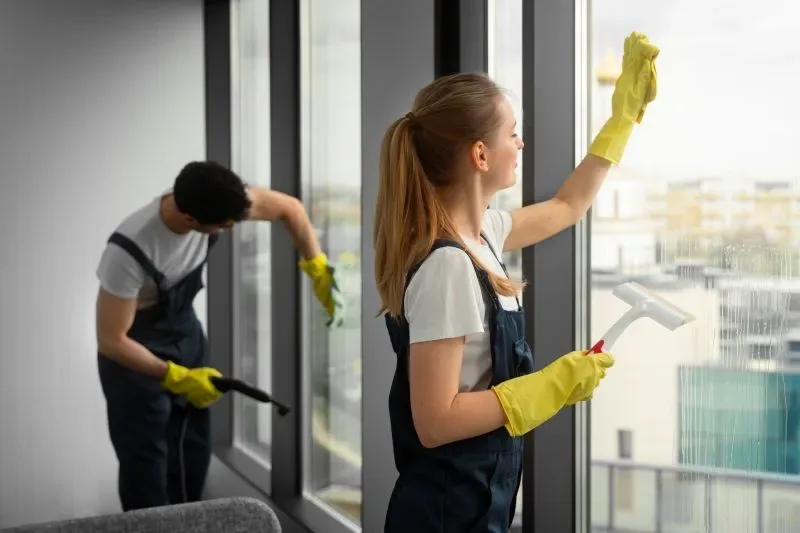 Reinigungskraft bei der Fensterreinigung
